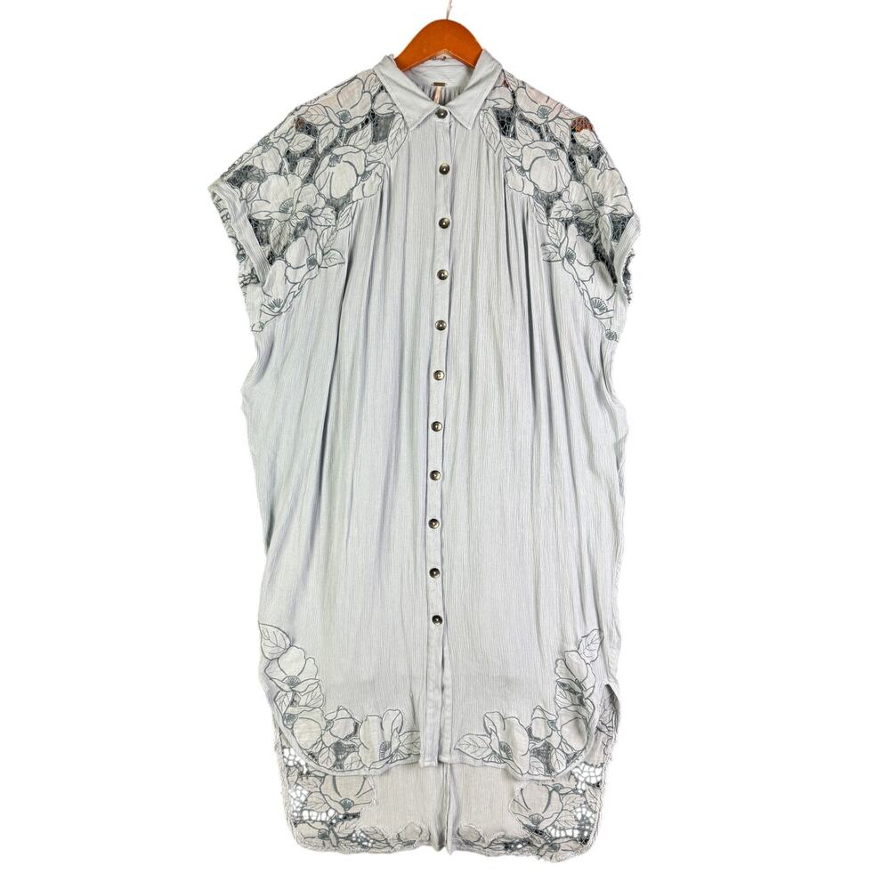 Free People Floral Pattern Crochet‎ Dress Shirt Light Blue Cotton Lace Womens XS